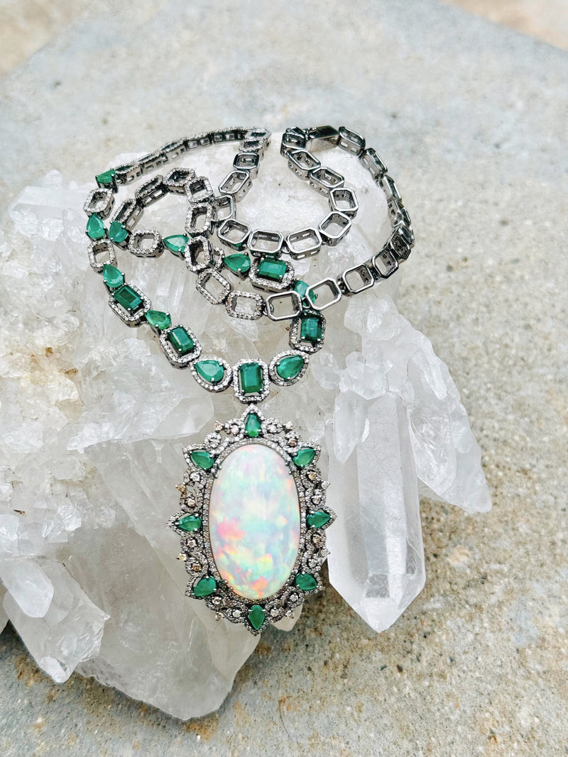 Arden Grande Diamond Opal Emerald Necklace